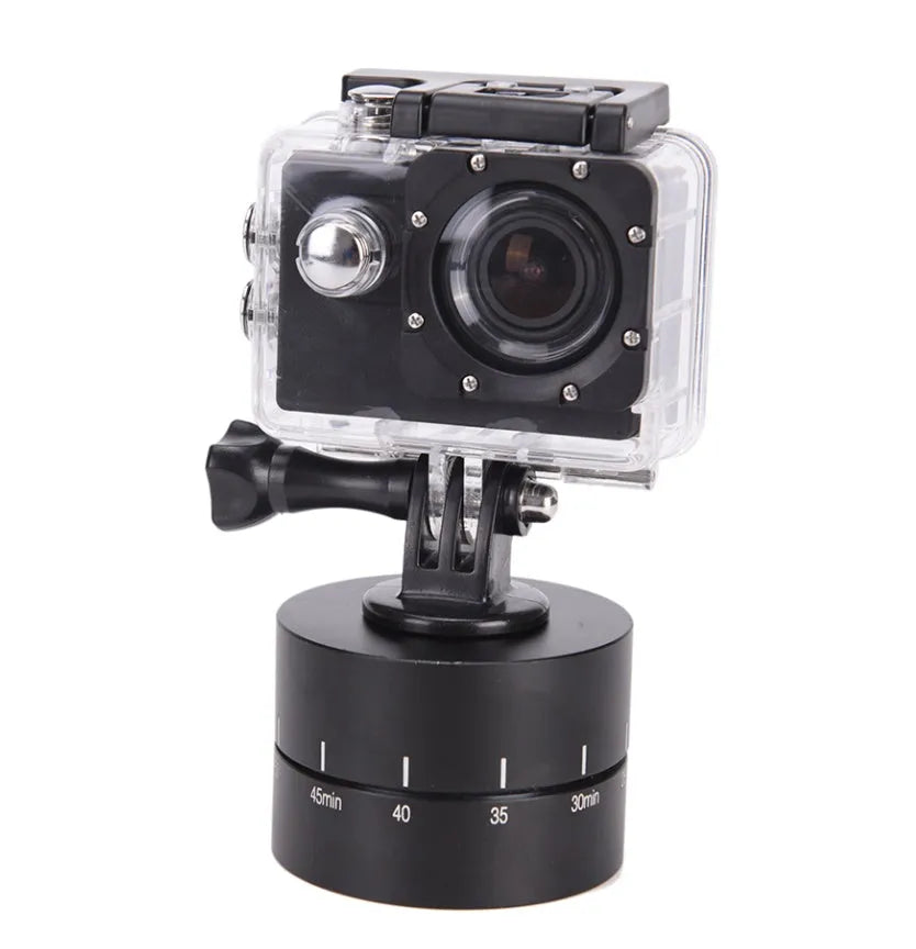 360-degree auto rotating camera tripod head mounted with GoPro camera