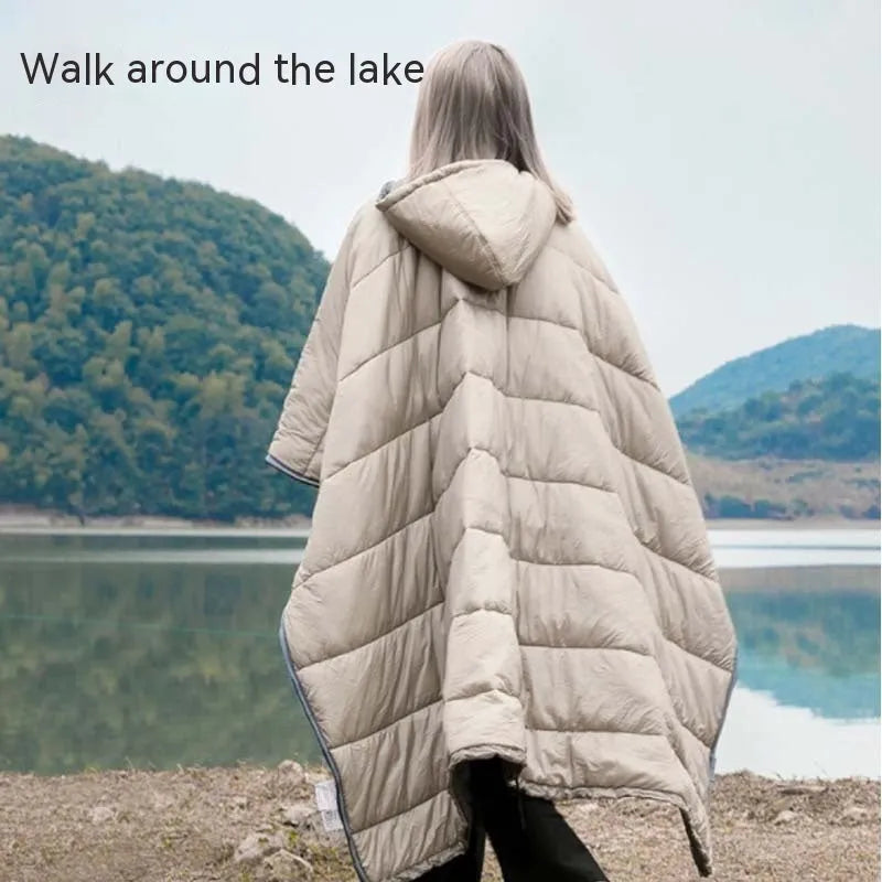 Adult-sized outdoor wearable sleeping bag cloak in Army Green colour showing convertible design