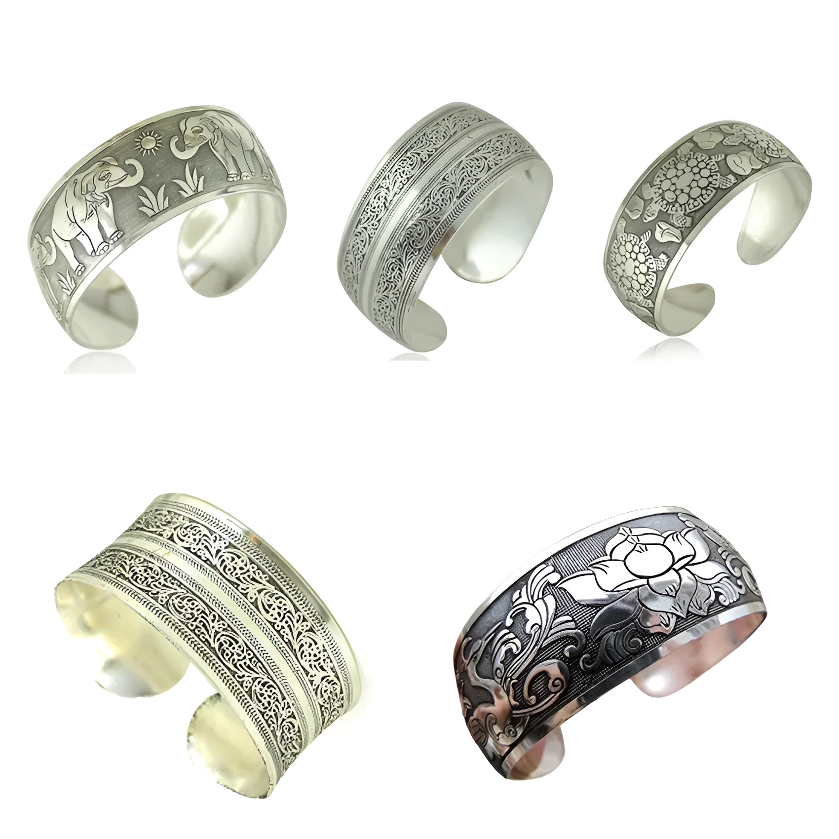 Open carved alloy bracelet with ethnic Miao-inspired patterns in adjustable design