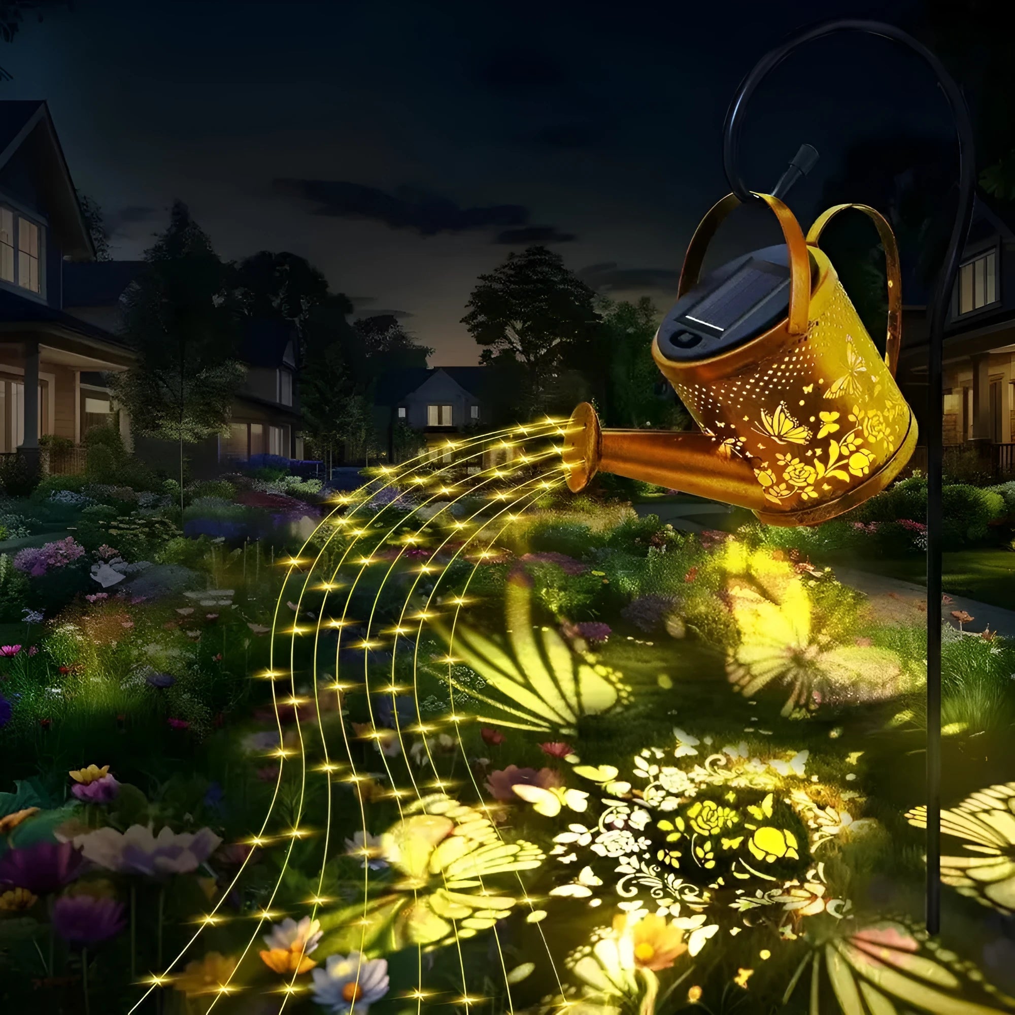 Solar-powered wrought iron butterfly kettle light for outdoor garden decoration.