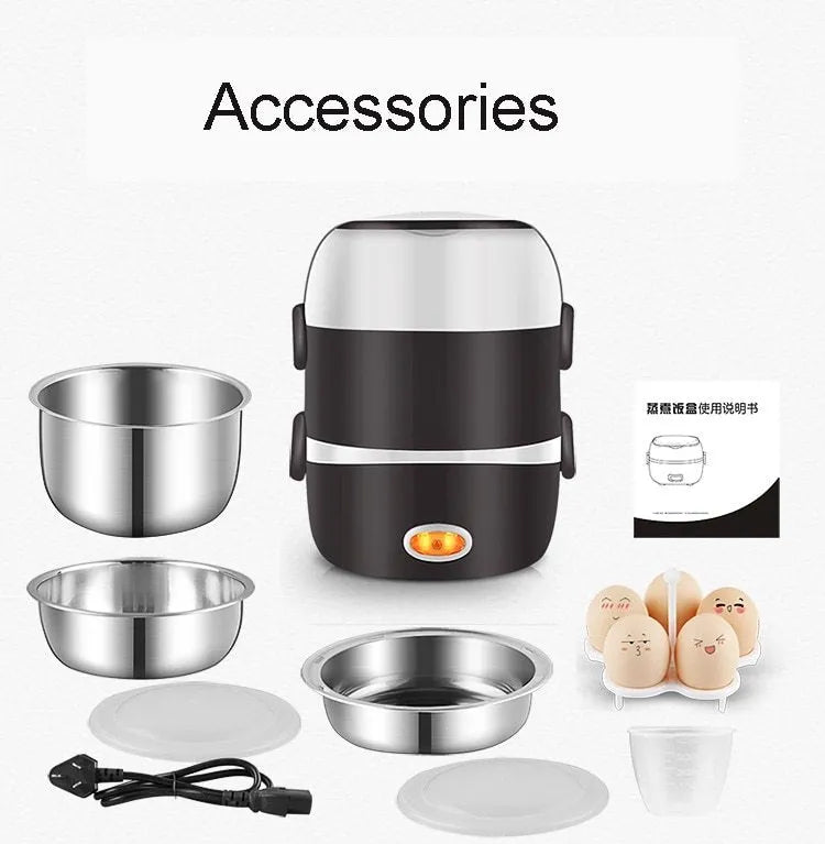 Multi-function electric lunch box with heating element showing two-layer and three-layer capacity options
