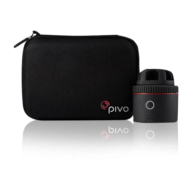Black PIVO facial tracking camera mounted with a smartphone, showing 360-degree rotation base.