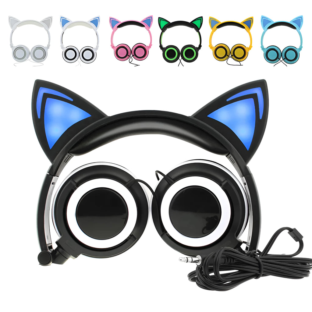LED illuminated cat ear headphones in various colours showing lit-up ears and ear cushions