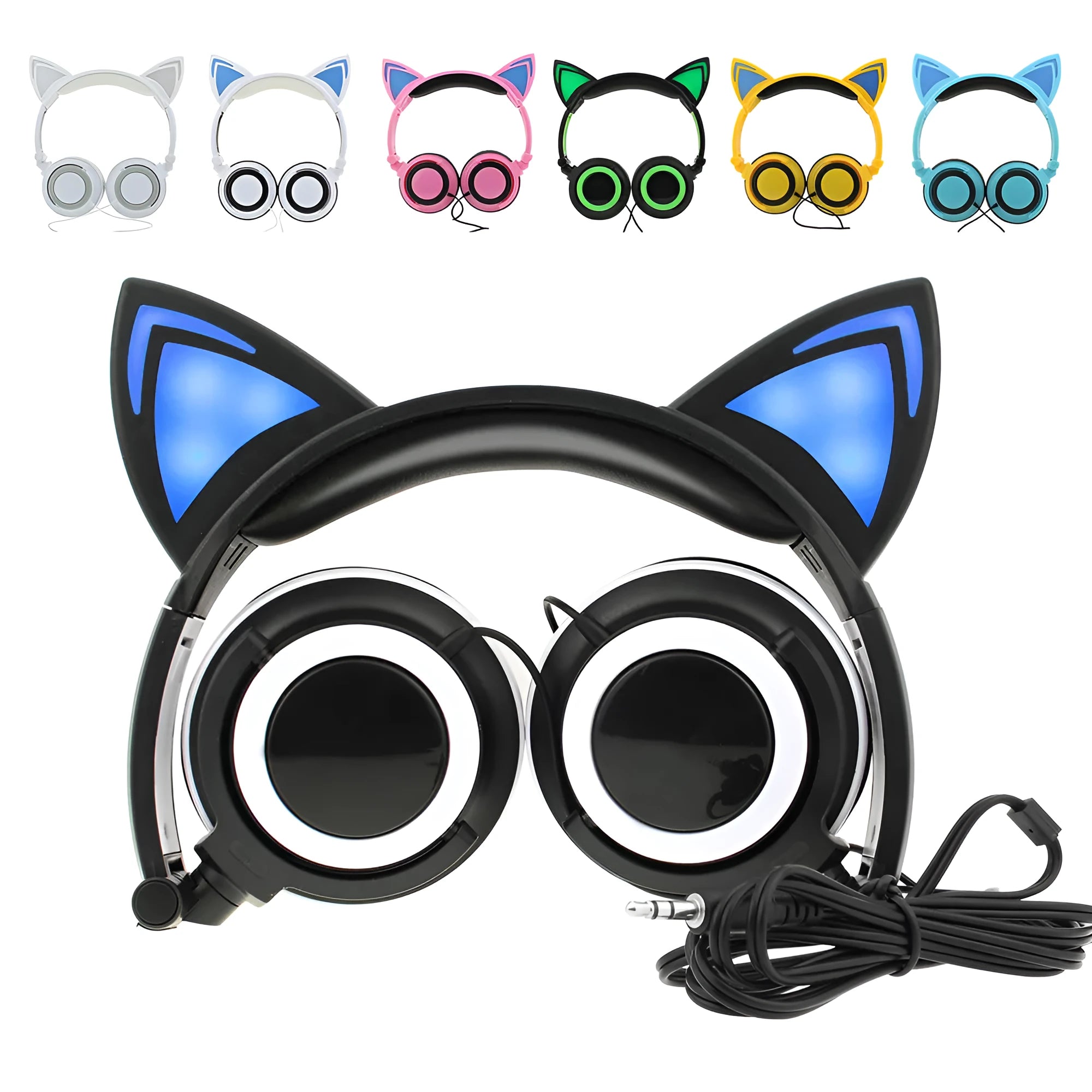 LED illuminated cat ear headphones in various colours showing lit-up ears and ear cushions