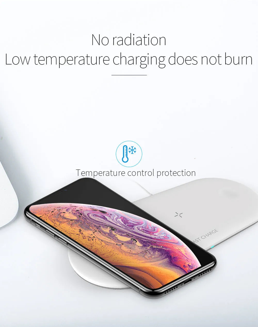 Black and white third-party wireless charging station for Apple iPhone, Watch, and AirPods on a desk.