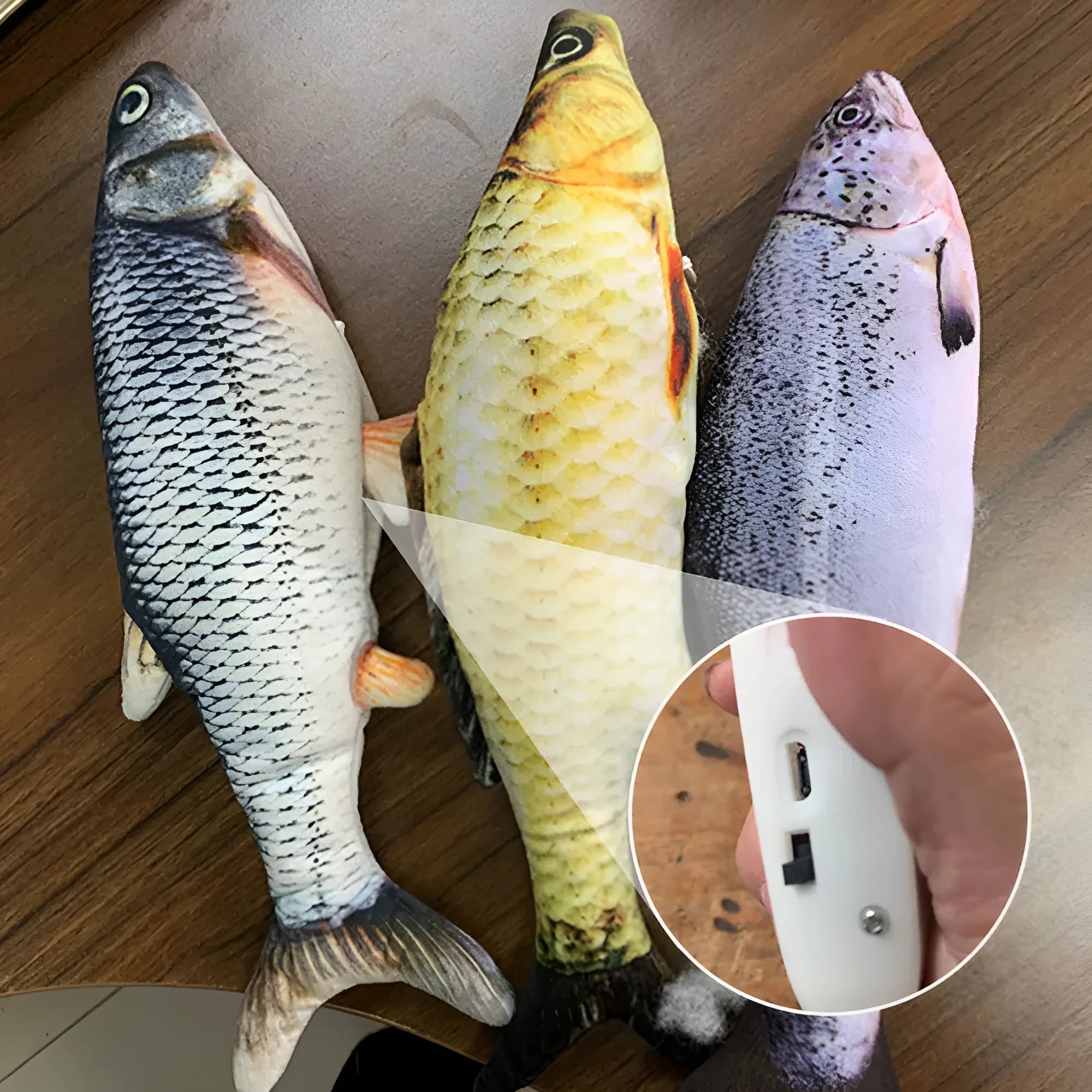 A multicolour electronic jumping fish cat toy measuring 30cm long with a USB charging cable.