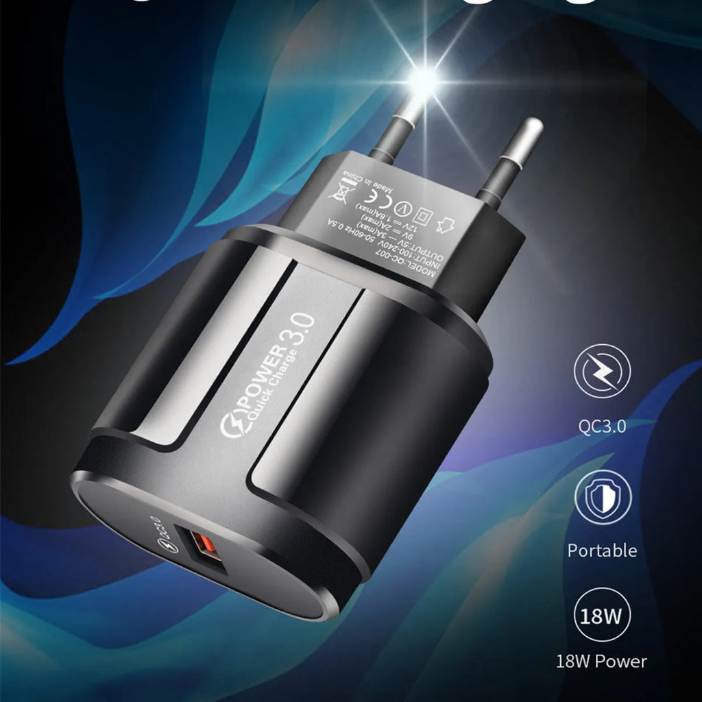 White and black universal USB wall charger for mobile phones with EU, UK, and US plug options