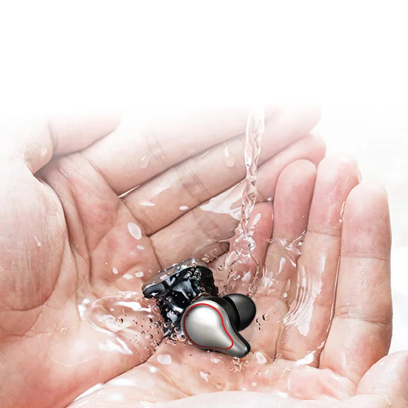 Black and blue in-ear Bluetooth headset with earplug design for stereo sound.