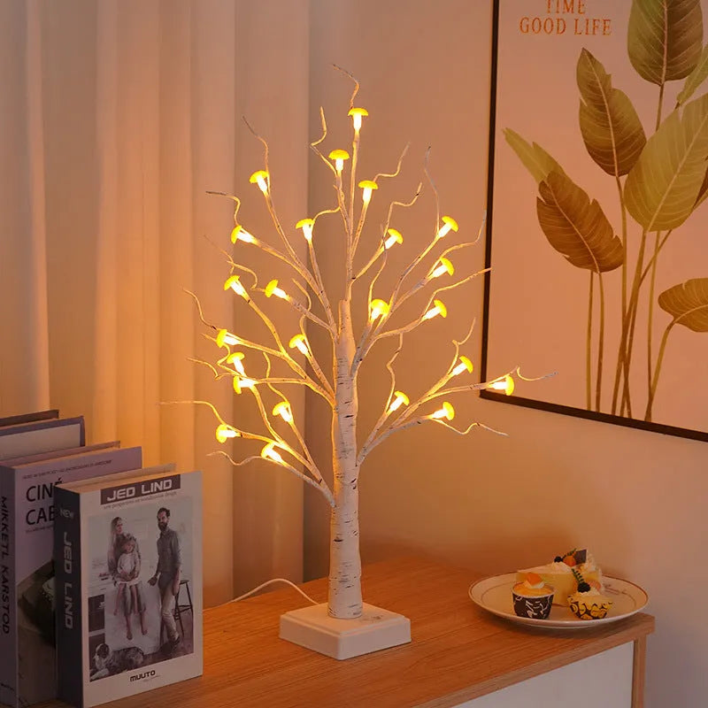 60cm tall plastic mushroom tree lamp with 24 white LED flowers on a warm white lit stand