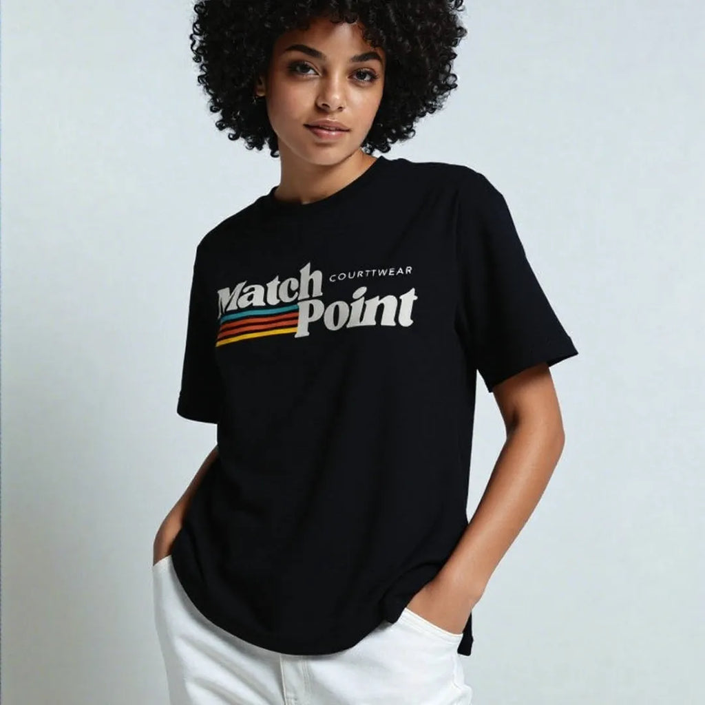 Men's black T-shirt with a 3D digital printed pattern, short sleeves, and a round neck.