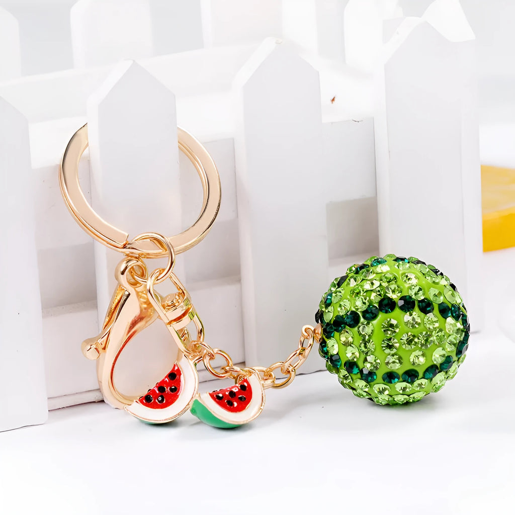 Green watermelon fruit keychain made from zinc alloy measuring 12 cm in length