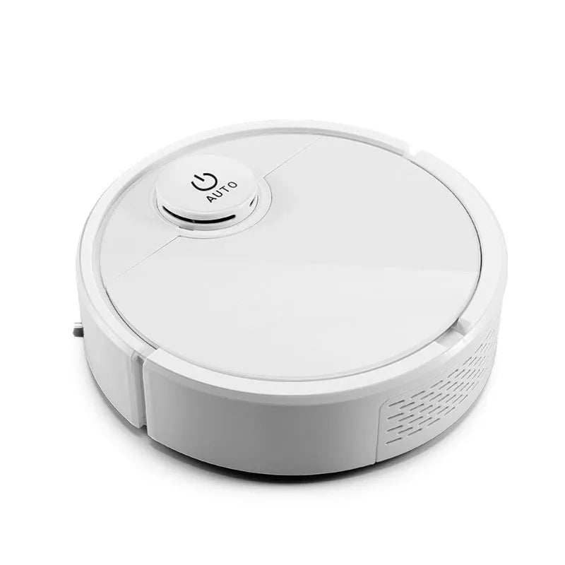 Automatic sweeping robot with compact square design on a wooden floor