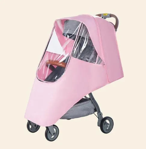 Universal waterproof baby stroller cover in pink, blue, and grey colours laid flat.