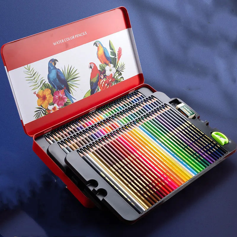 Water-soluble and oily colour pencil drawing set in tin box with 36 to 100 colours