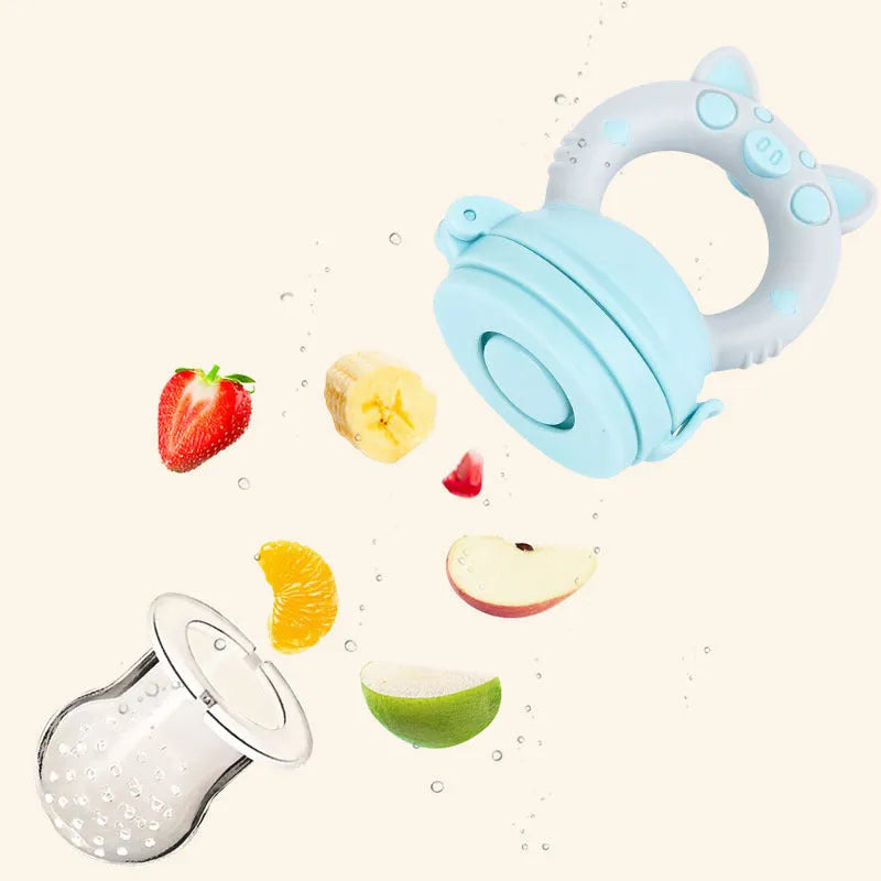 A blue silicone baby teether with a textured surface for infant gum relief.