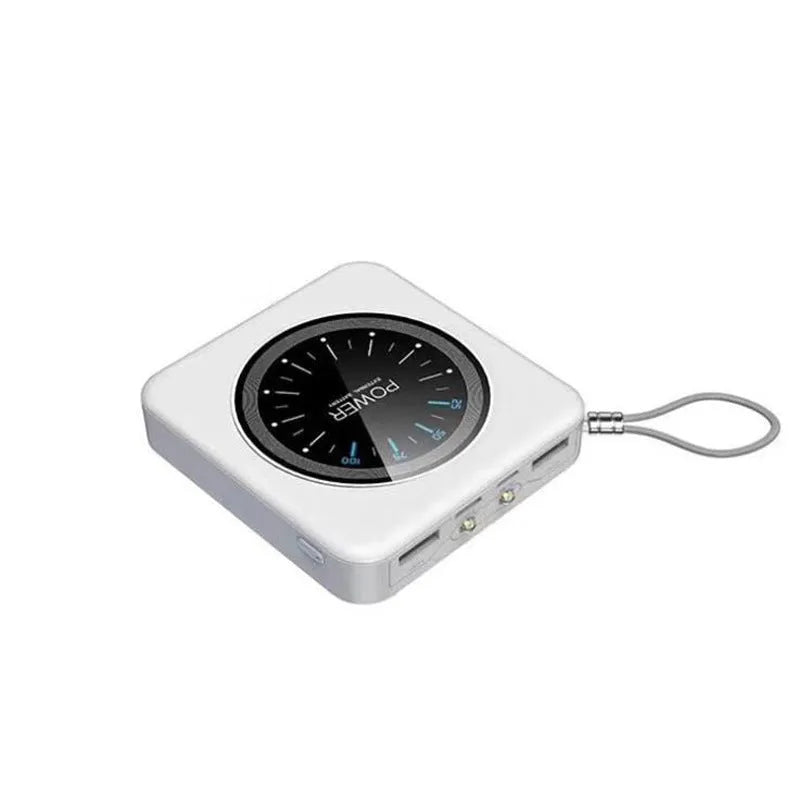 Mini clock charger power bank with LCD screen in mint green colour showing the time.
