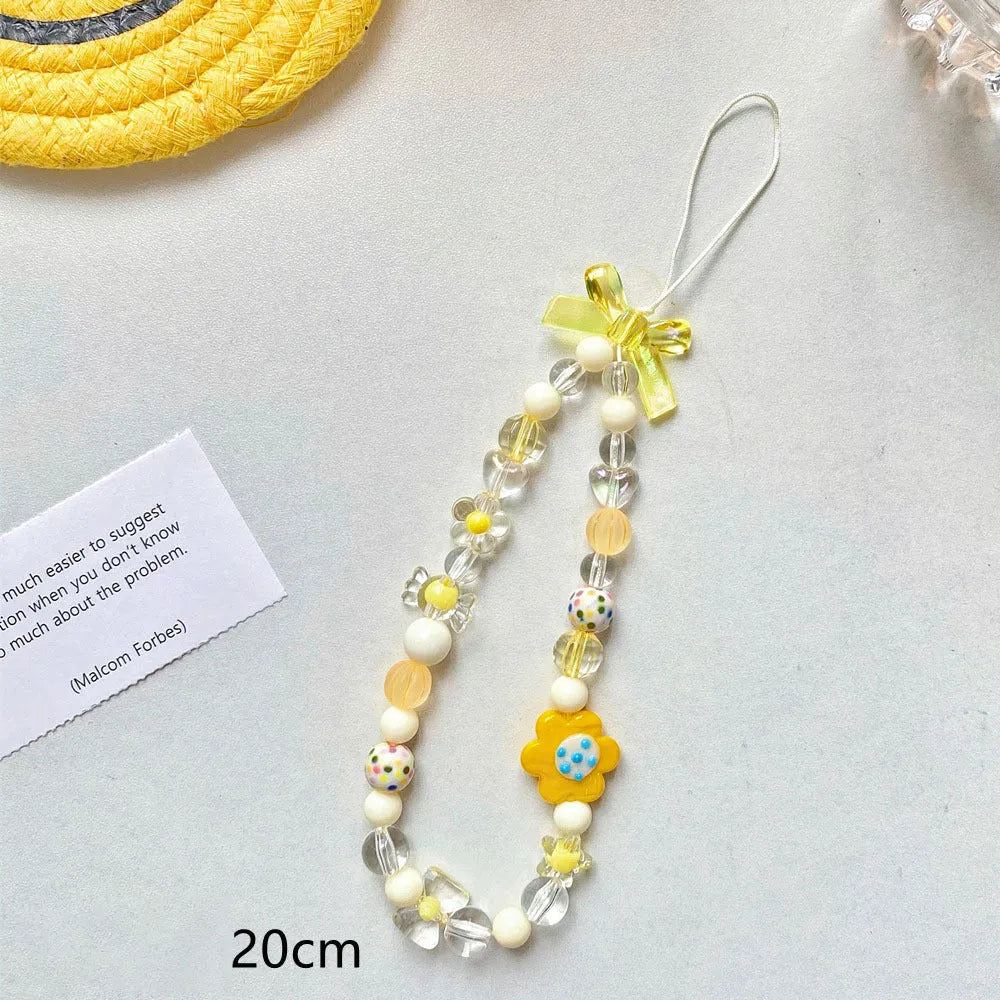 Floral beaded mobile phone lanyard in blue, pink or yellow colour options