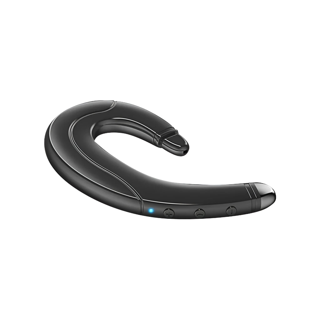 A single-ear, out-of-ear mounted Bluetooth headset for hands-free communication, shown in black, blue, or red.