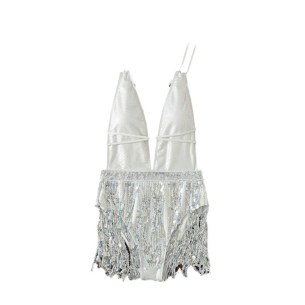 White one-piece swimsuit with deep V-neckline and tassel detailing, sleeveless briefs design