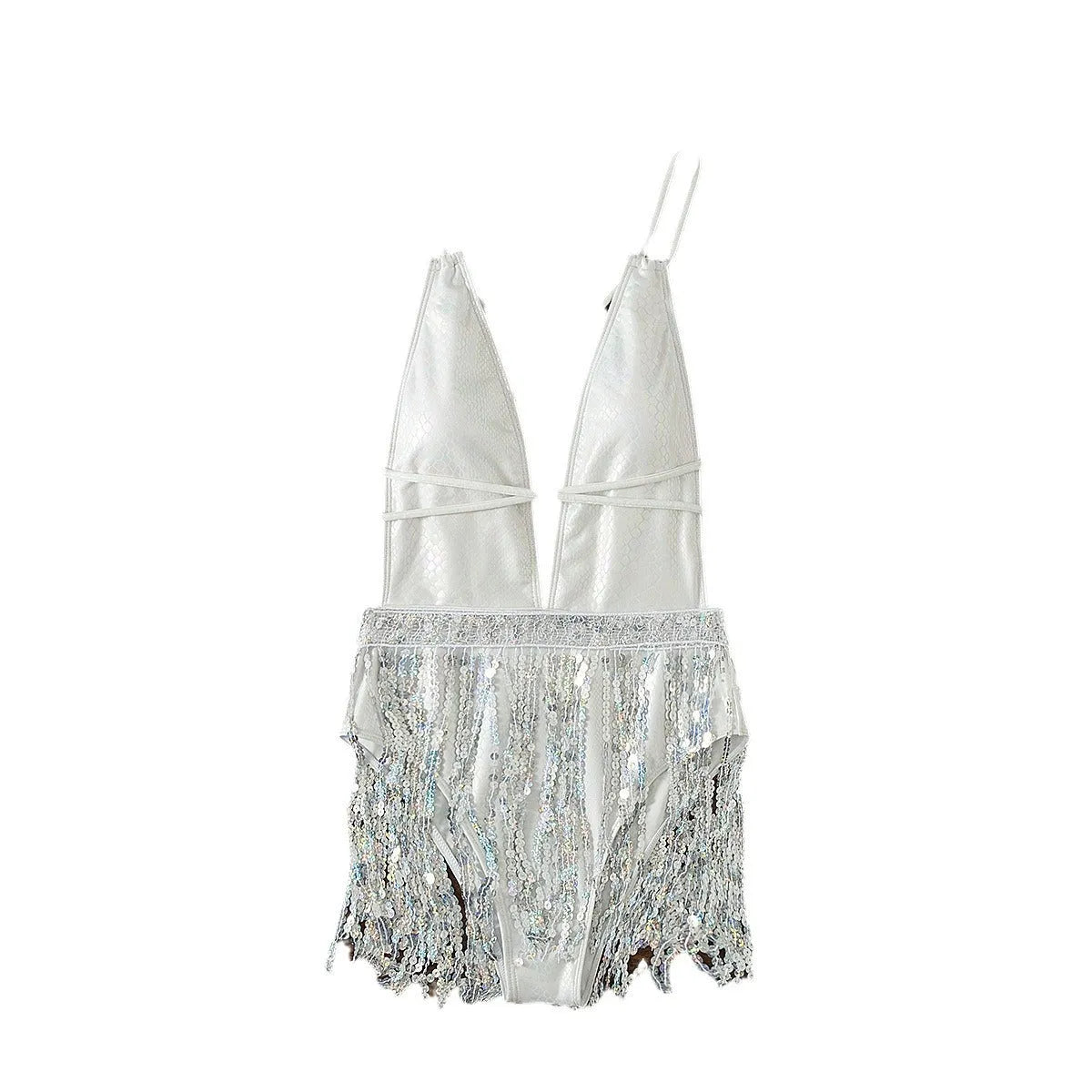 White one-piece swimsuit with deep V-neckline and tassel detailing, sleeveless briefs design