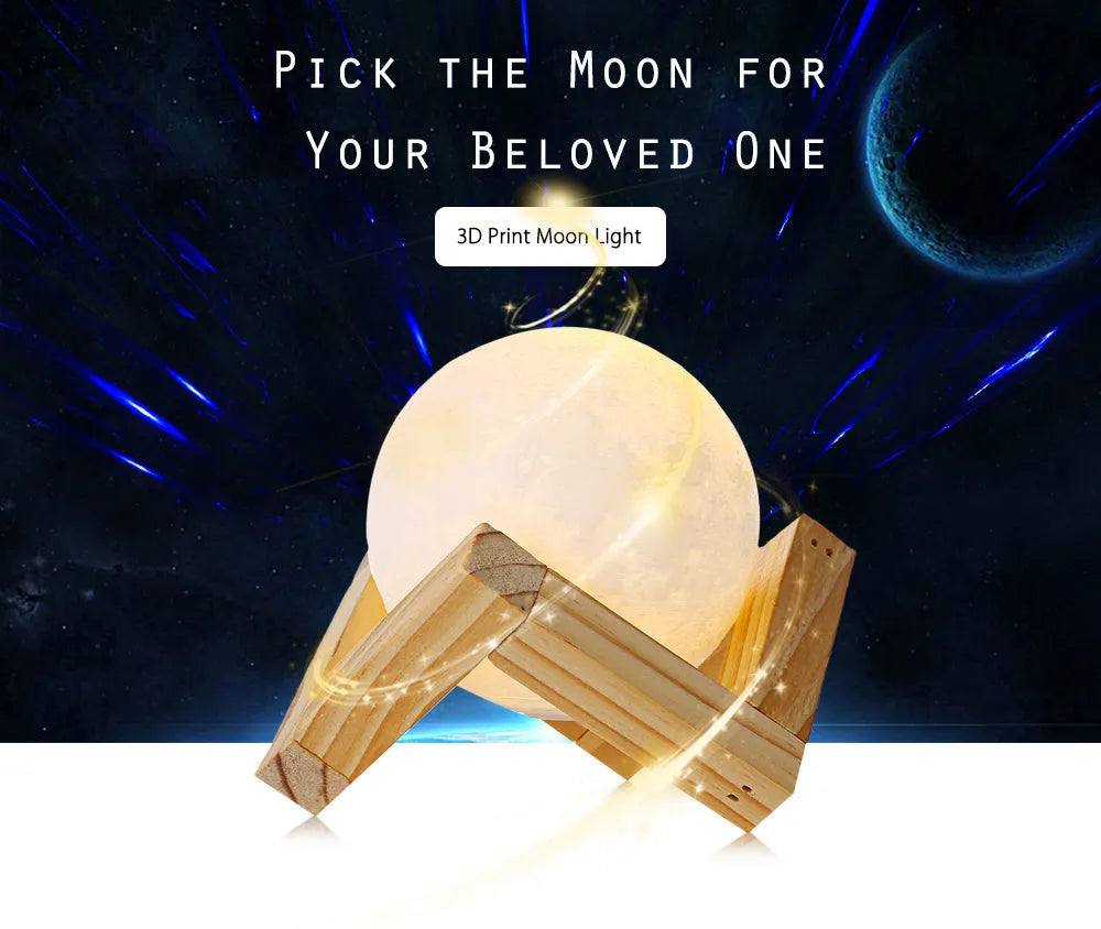 3D printed moon lamp with lunar surface detail on wooden stand, showing touch metal ring at base