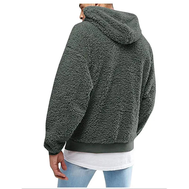 Mens fluffy fleece hoodie pullover in grey with hood, available in multiple colours and sizes S to 3XL