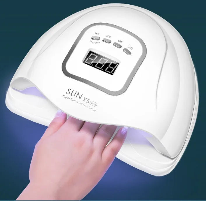 White nail polish drying lamp with dual UV and LED light sources for gel polish curing