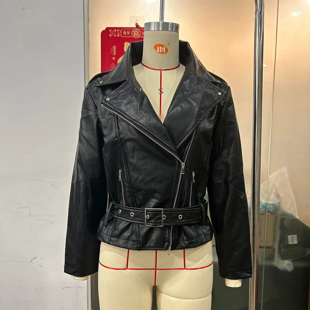 Leather punk jacket with drawstring waist and Peter Pan collar in black, blue or green colours
