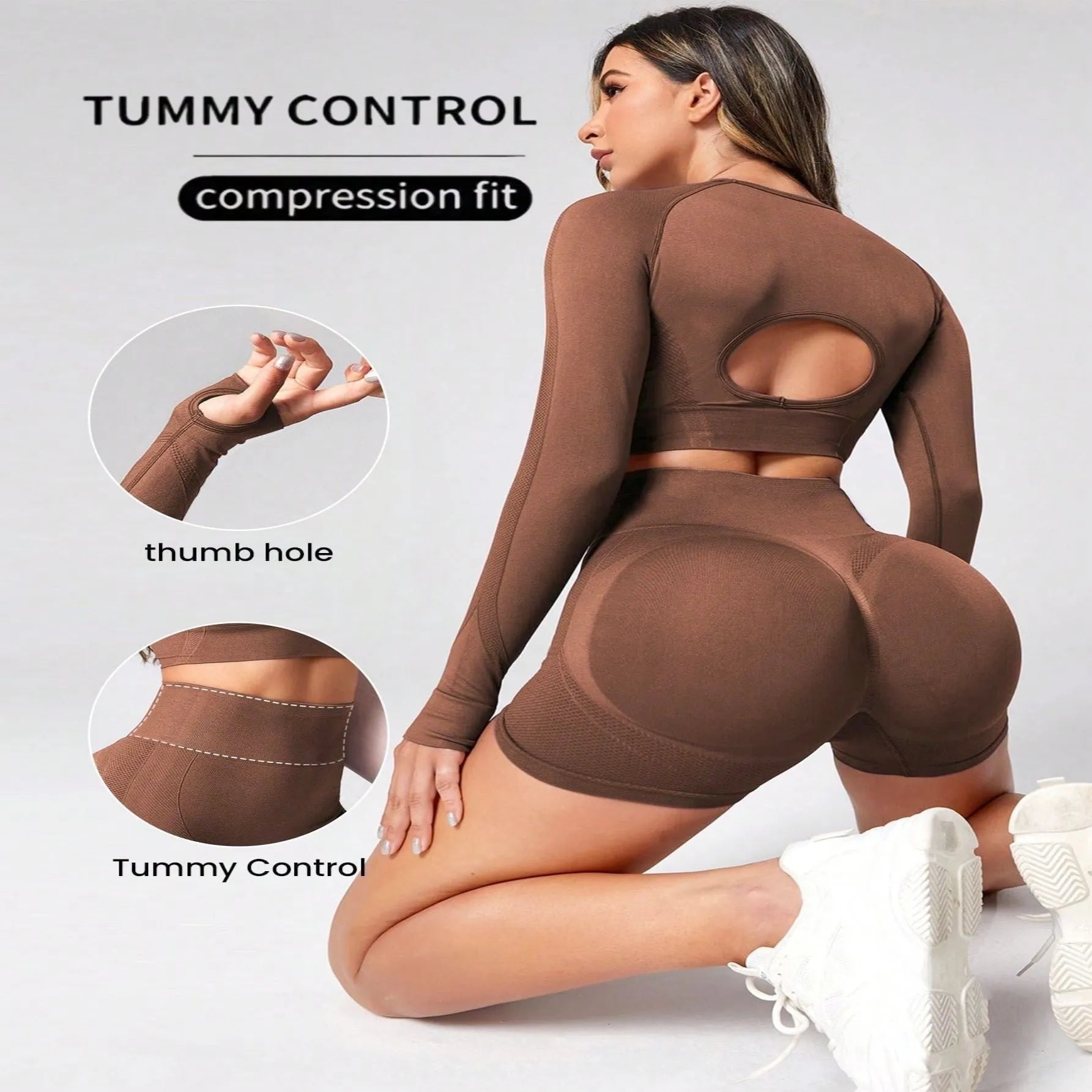 Women's high waist yoga suit in black, brown, or purple colours, showing pullover top and tight-fitting pants.