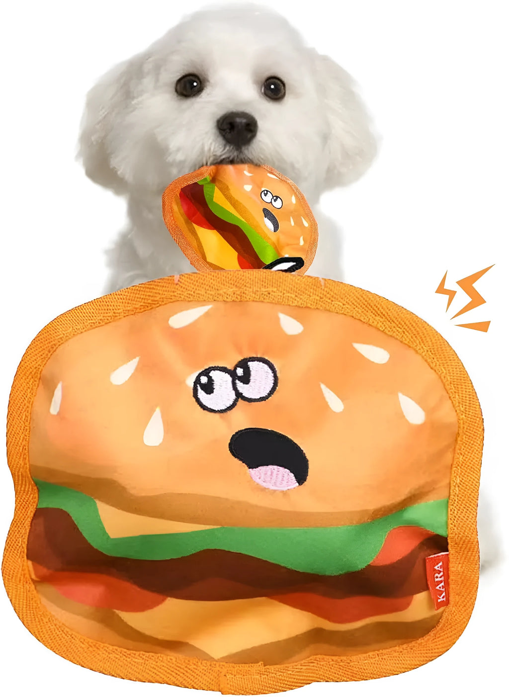 Dual sound crinkle dog chew toy in food shape design with vivid colours for interactive play