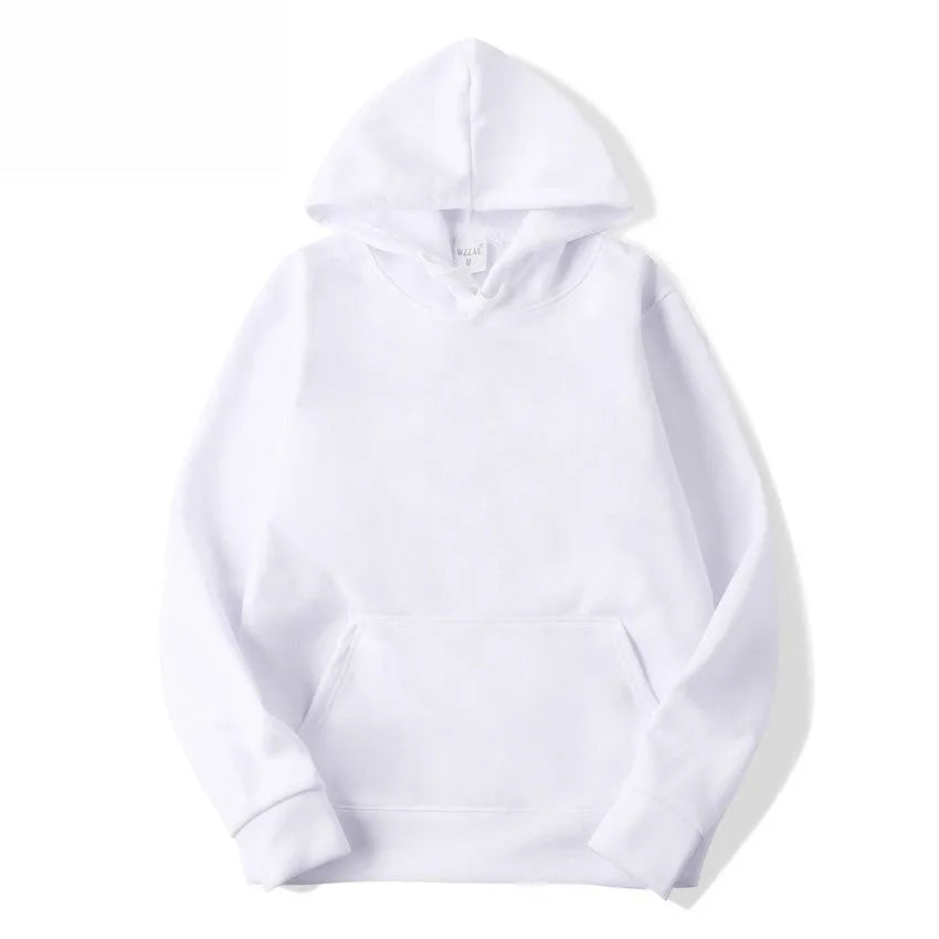 A solid colour cotton blend pullover hoodie with a hood and long sleeves, laid flat.