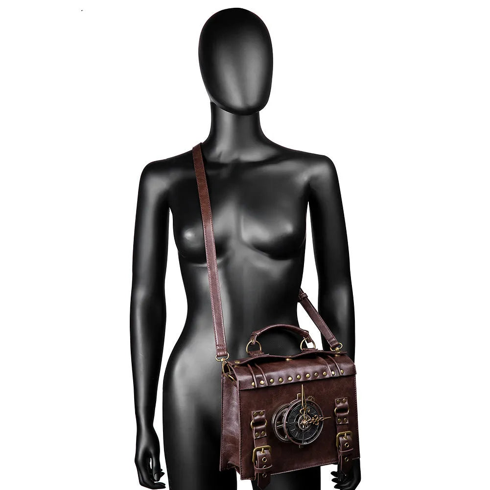 Bronze steampunk style shoulder bag with metal details and a soft pillow bag shape.