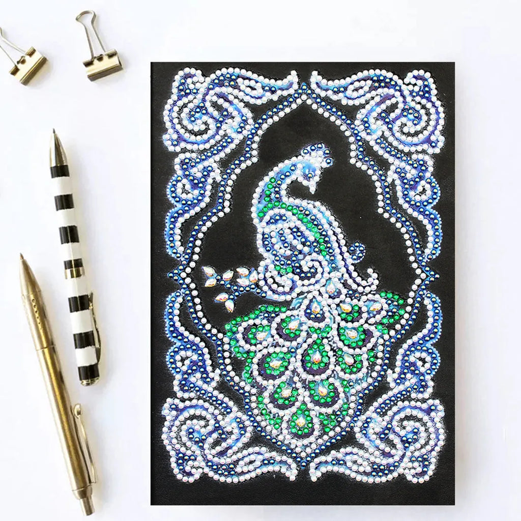 Black A5 diamond painting notebook with peacock design and rhinestone drills