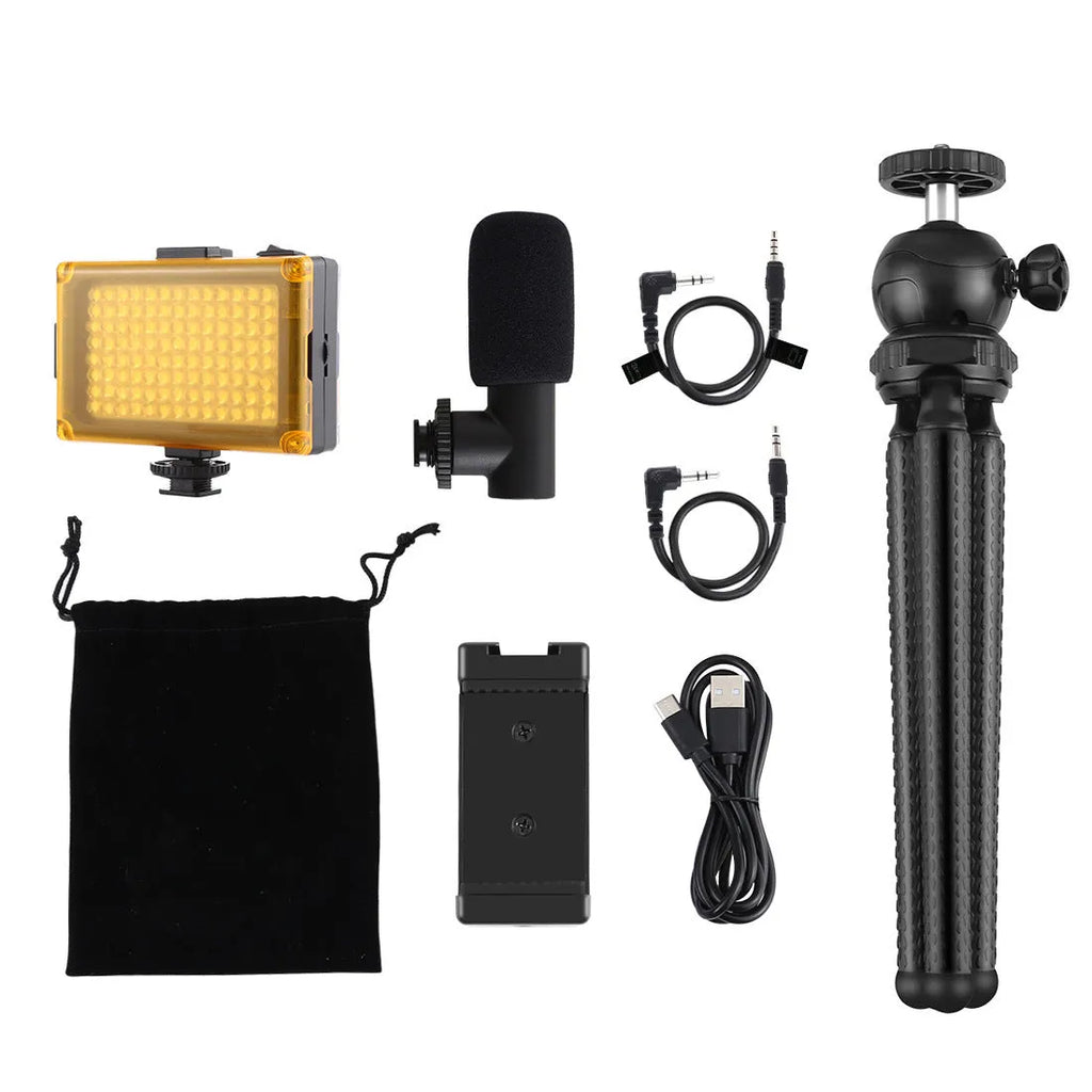 Black octopus-style flexible tripod with integrated fill light and microphone for iPhone live broadcasting.