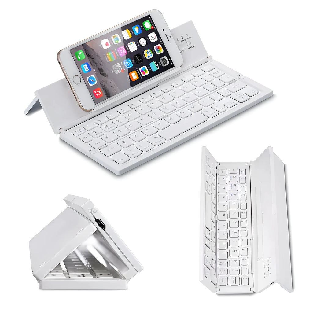 Black mini folding wireless Bluetooth keyboard for tablets with wrist support and aluminium bottom
