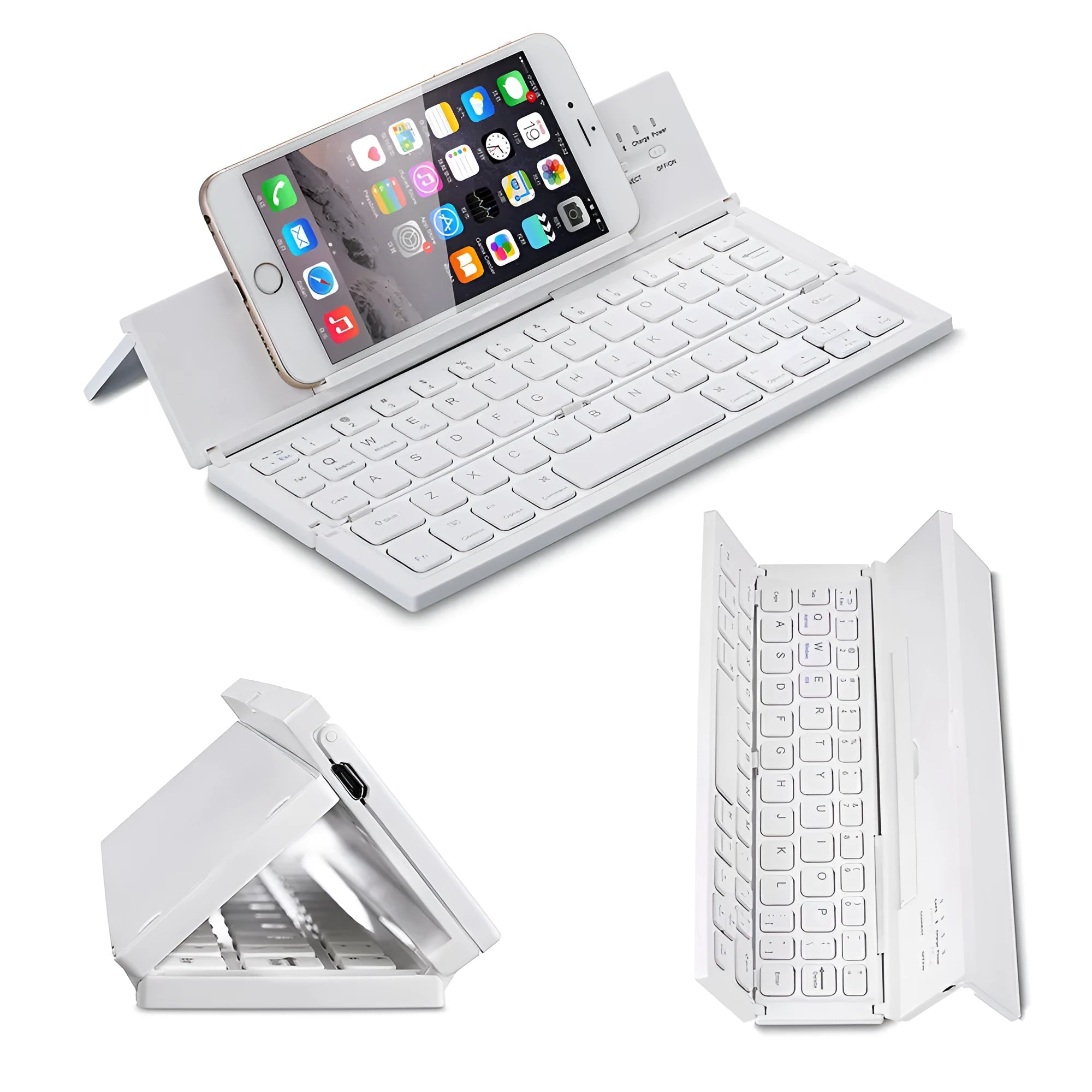 Black mini folding wireless Bluetooth keyboard for tablets with wrist support and aluminium bottom