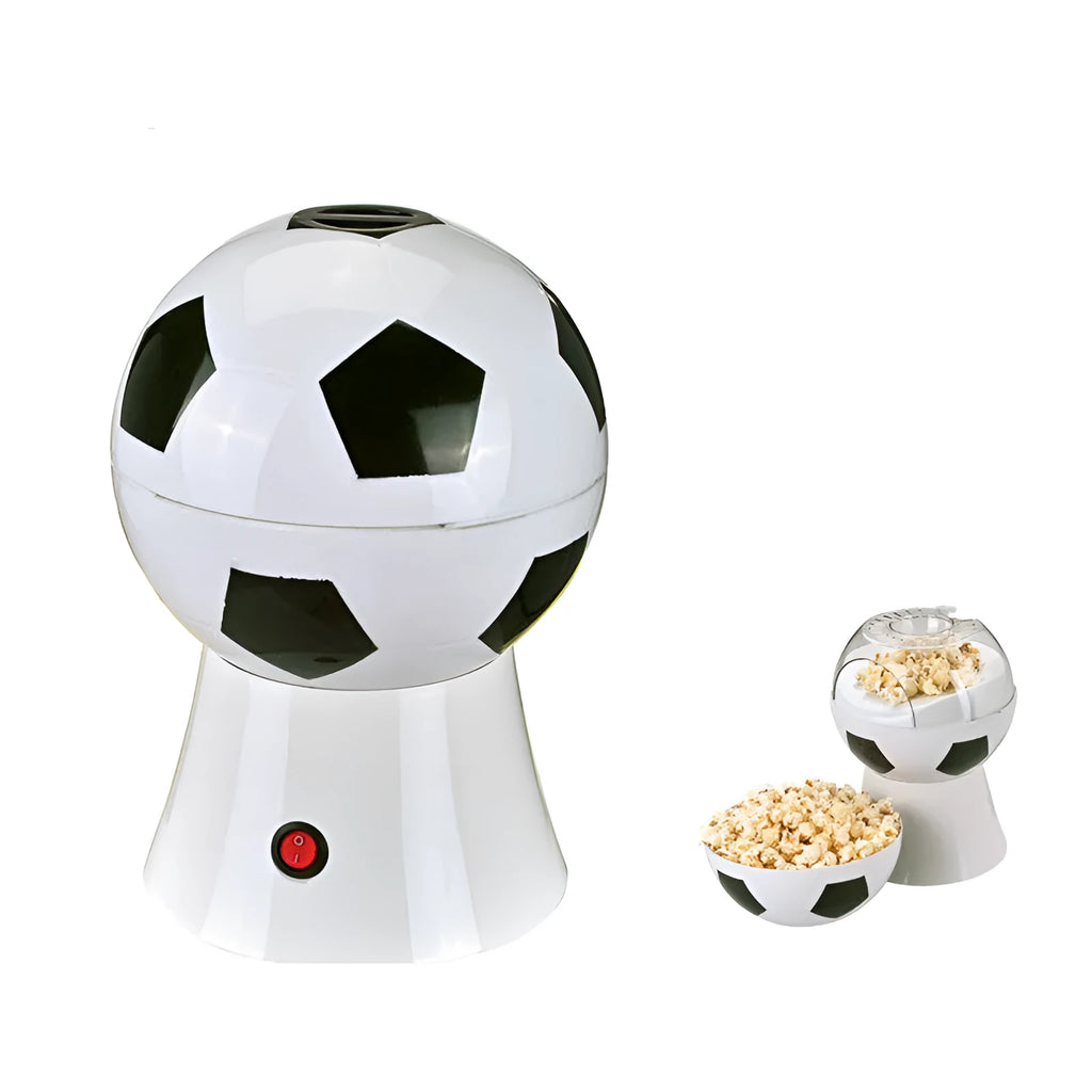 Black football-shaped electric popcorn machine with round insert and popcorn collector bowl
