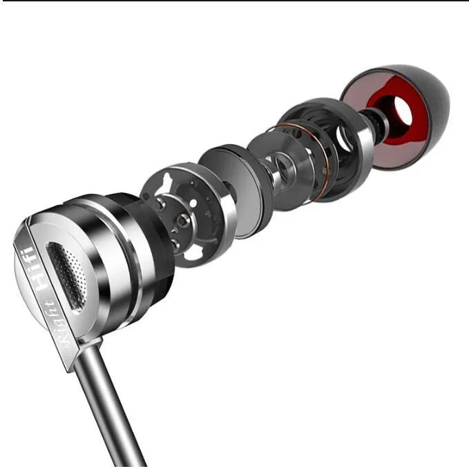 Black metal HIFI piston in-ear headphones with a 3.5mm plug and inline microphone controls.