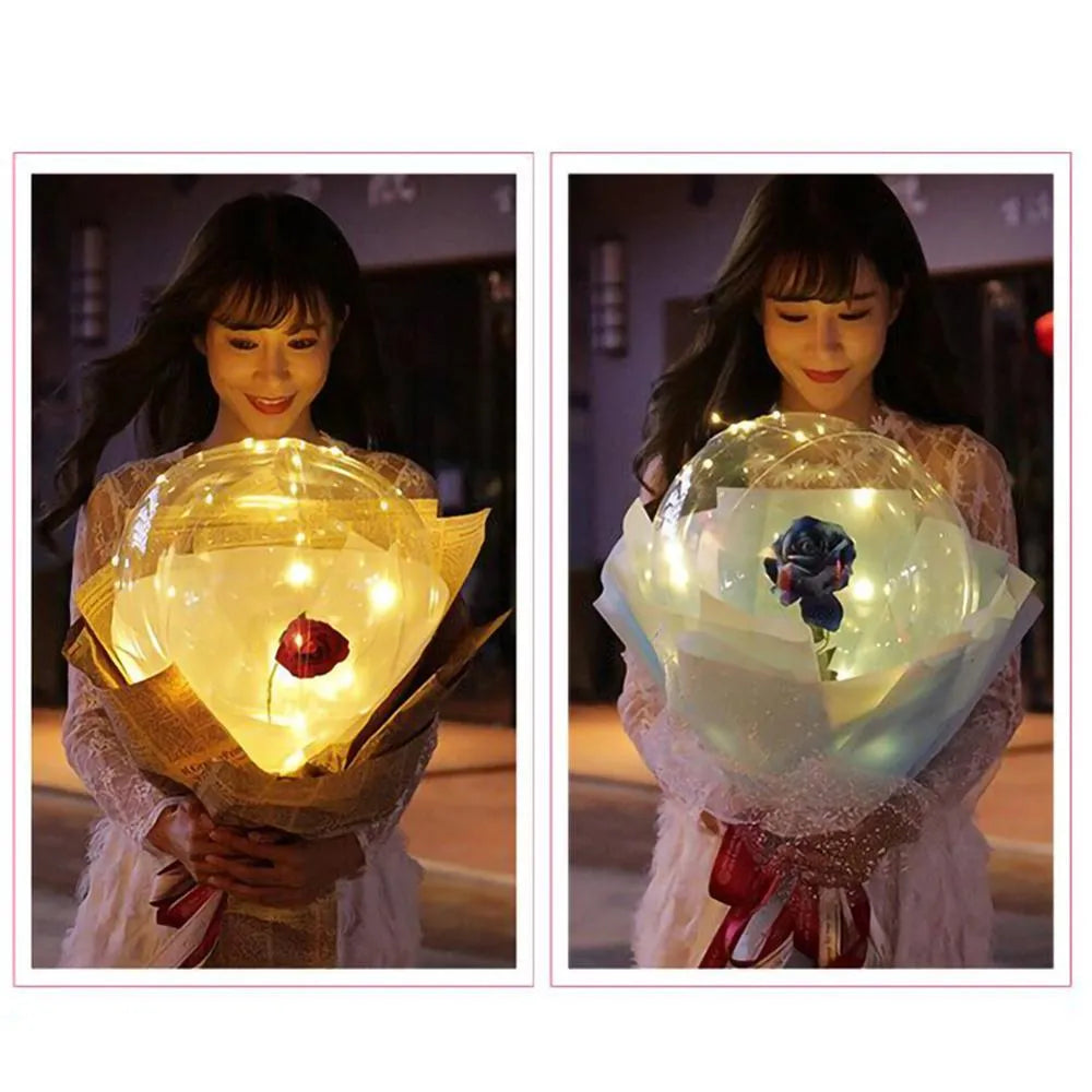 DIY LED light up transparent balloon with artificial rose components for self-assembly