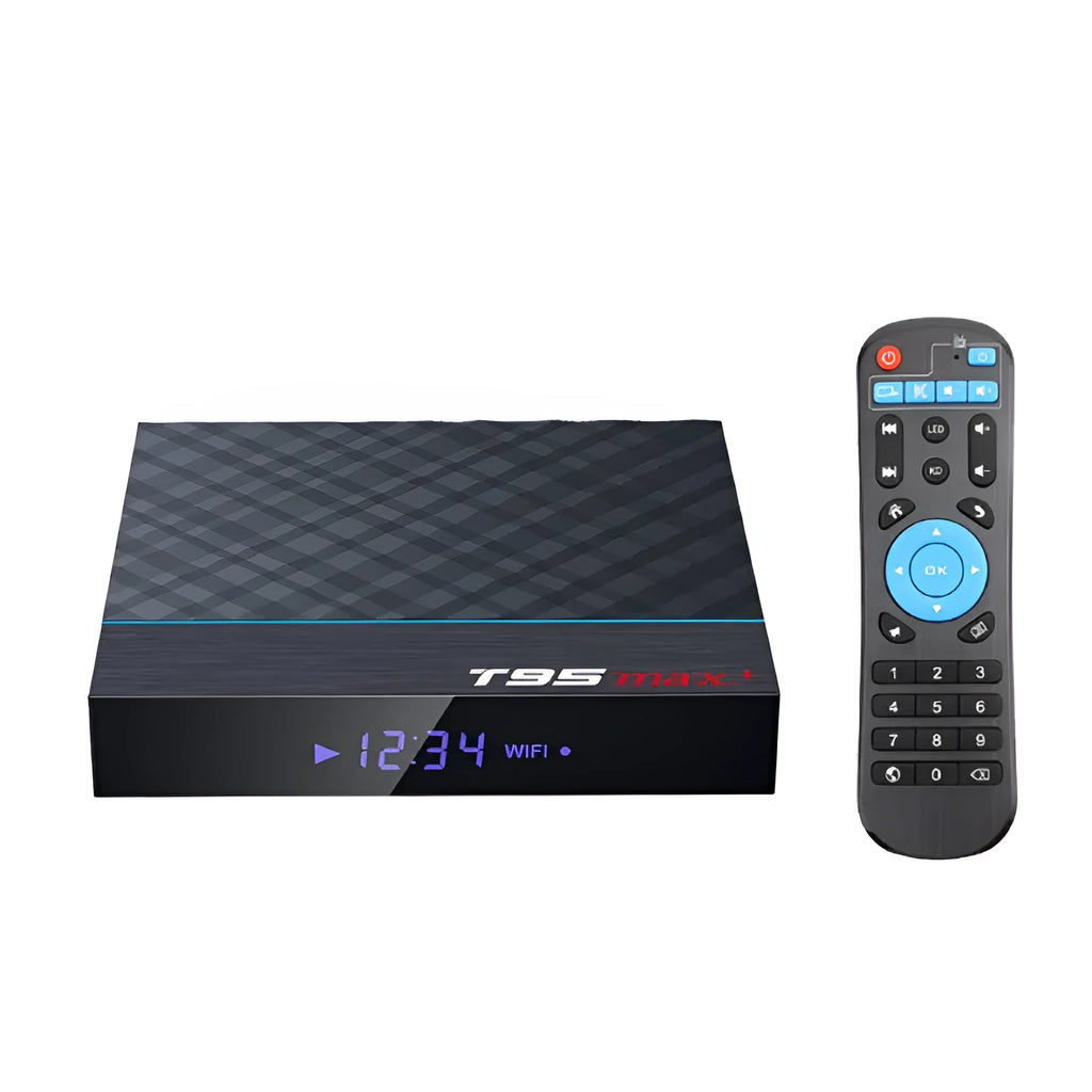 Black T95 Max Plus Android TV box unit with remote control and UK power plug adapter on a table.