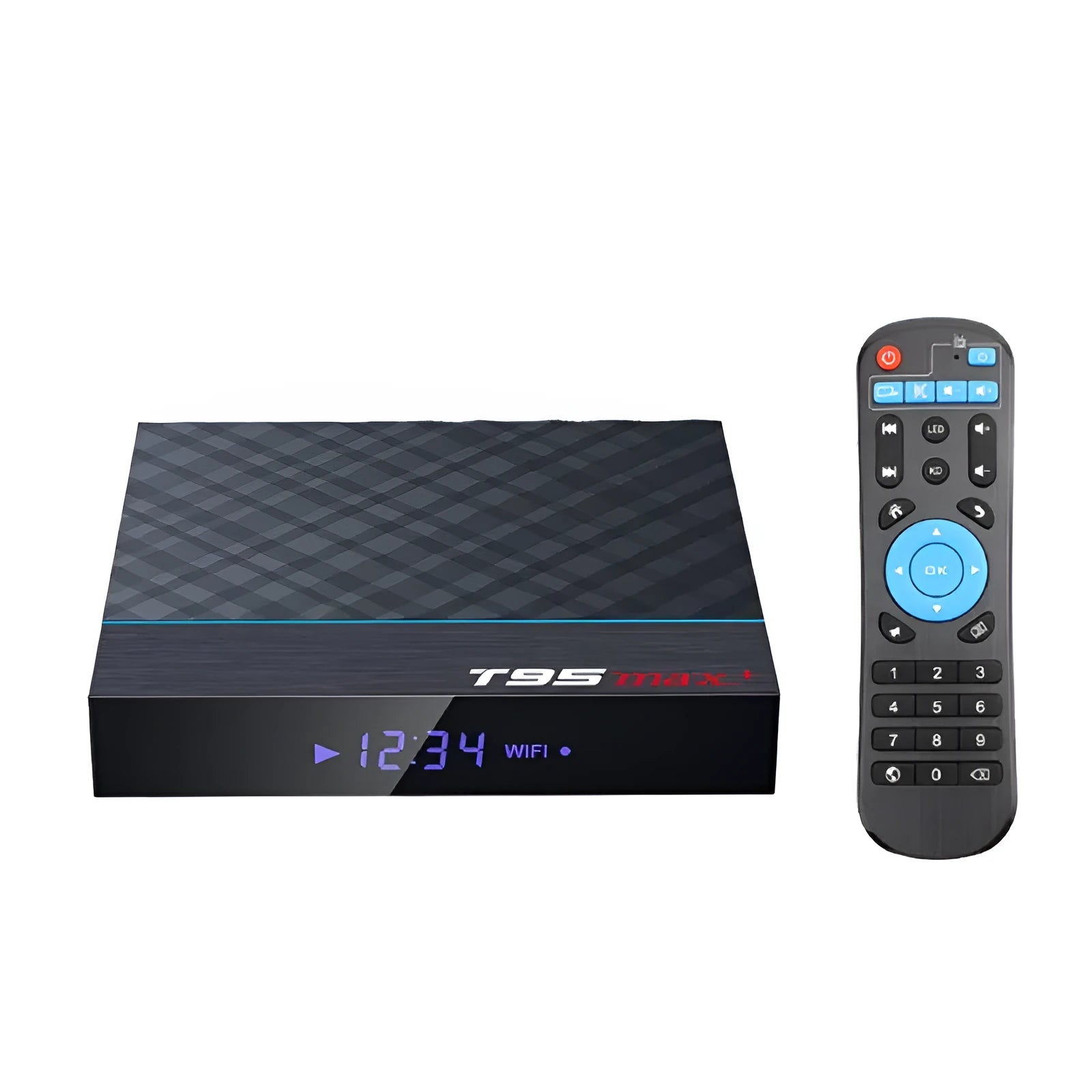 Black T95 Max Plus Android TV box unit with remote control and UK power plug adapter on a table.