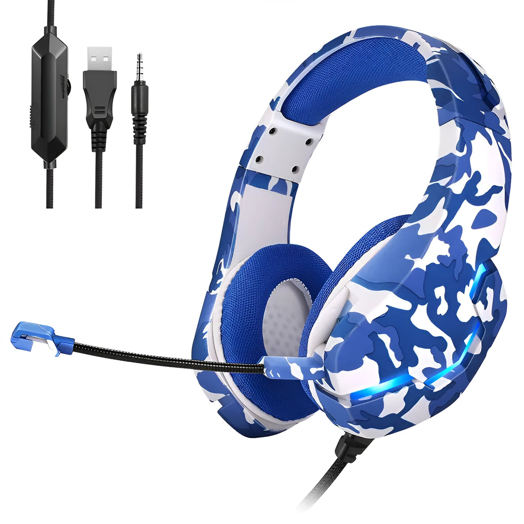 Wired gaming headset with cloth earmuffs and braided cable in camouflage blue colour with 3.5mm plug