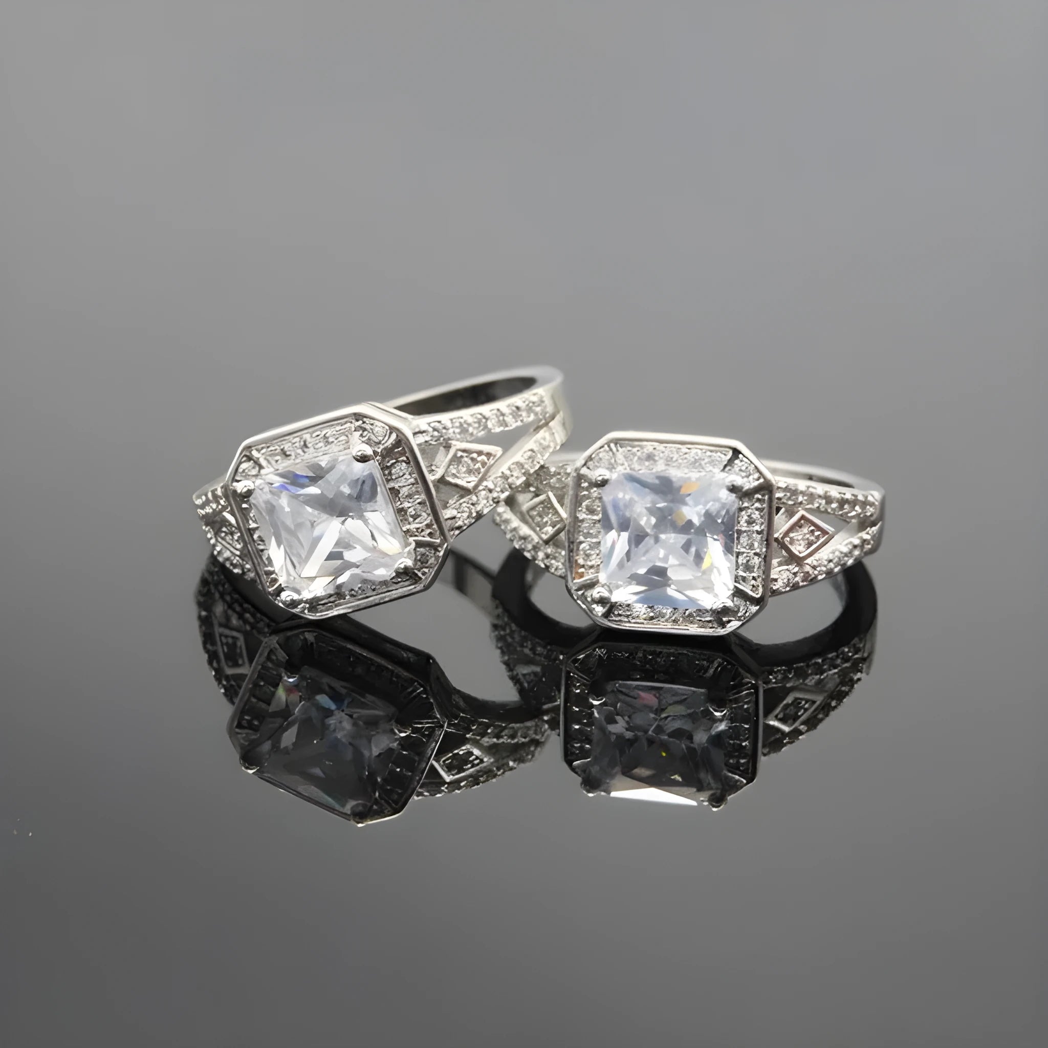 Women's platinum-colour hollow geometric zircon ring on a copper band, shown in size 7.