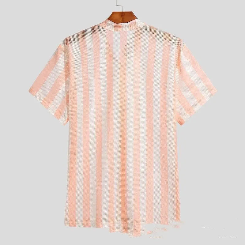 Pink waffle knit men's cardigan shirt with short sleeves and loose fit