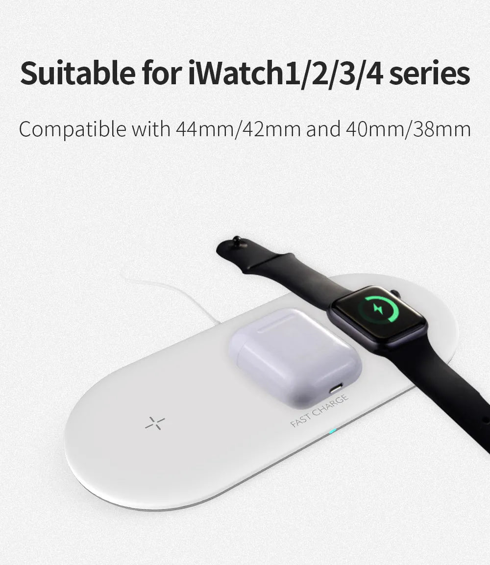 Black and white third-party wireless charging station for Apple iPhone, Watch, and AirPods on a desk.