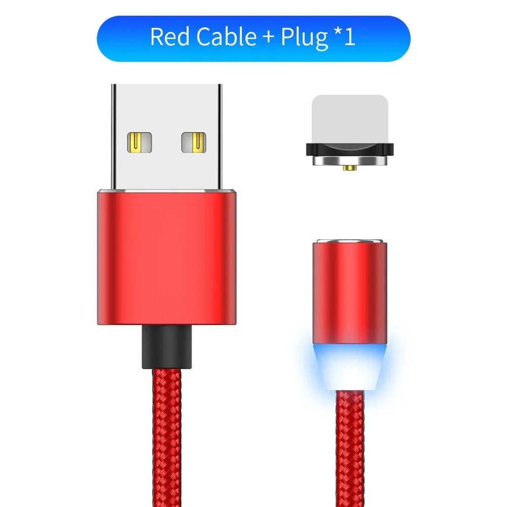 Black braided magnetic USB charging cable with LED light and aluminium connector.