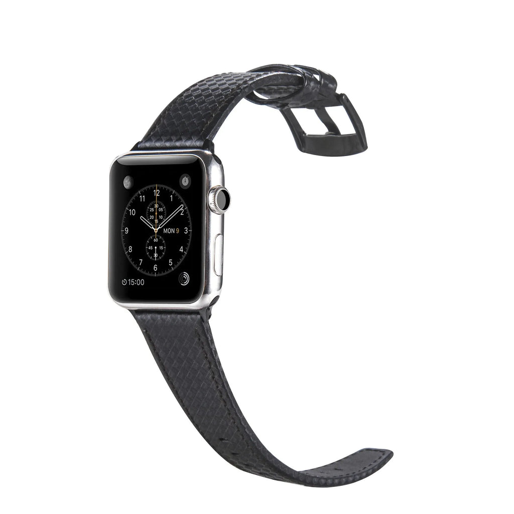 Leather Apple Watch strap with carbon fibre pattern case in black, blue, orange, and red colour options