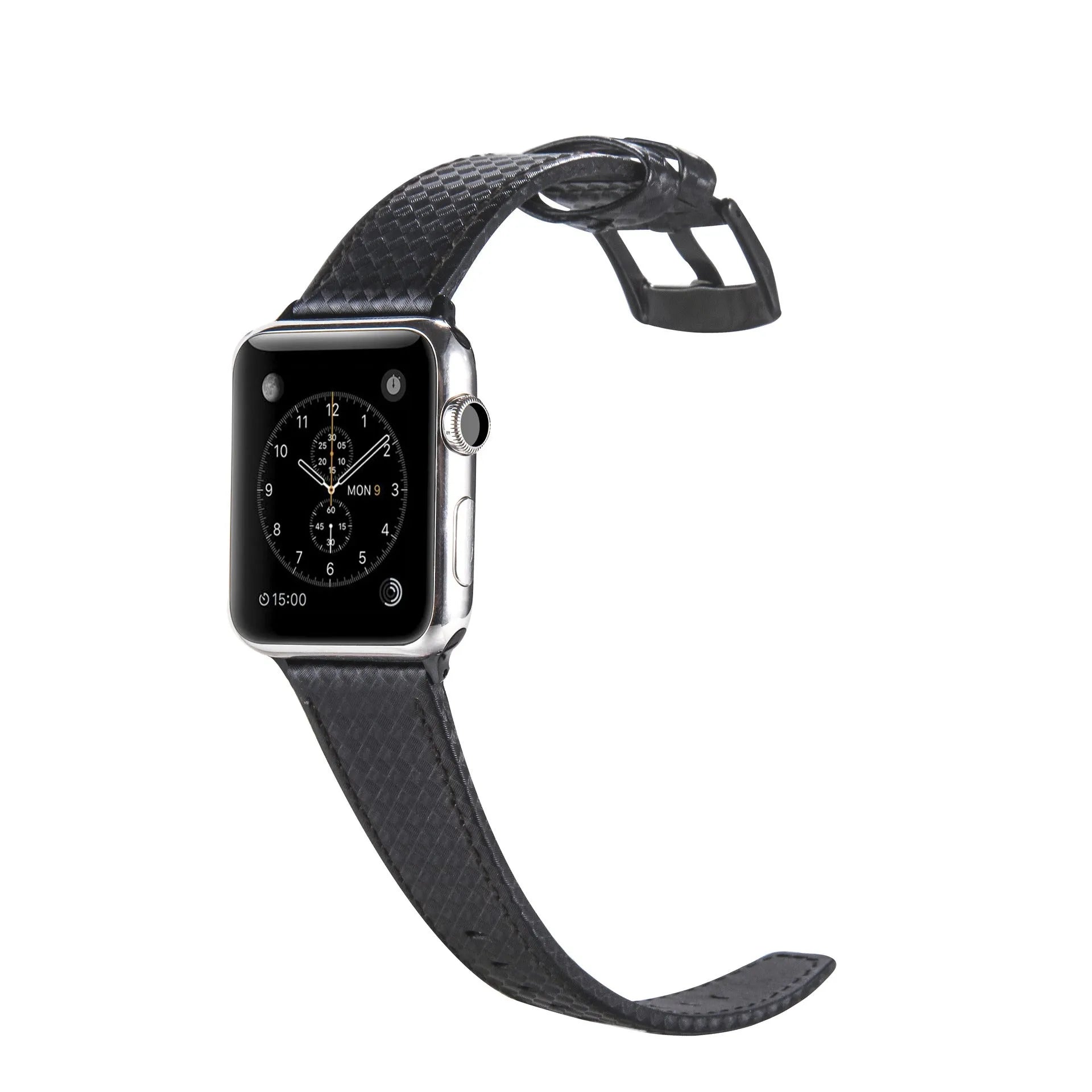 Leather Apple Watch strap with carbon fibre pattern case in black, blue, orange, and red colour options