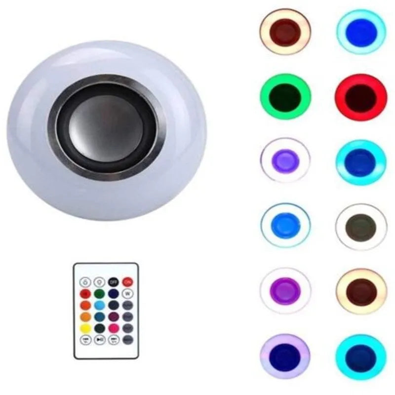 White smart LED bulb with E27 base featuring Bluetooth speaker and remote for colour control.