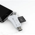 White, black, and gold 4-in-1 mobile phone SD card reader with USB, Lightning, Micro USB, and Type-C connectors.